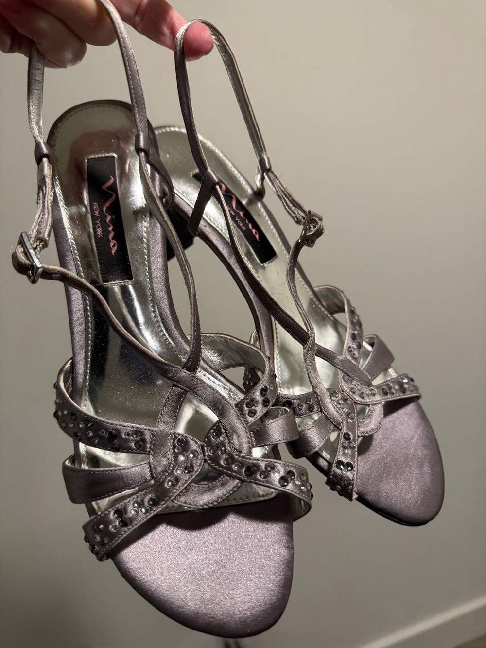 Nina Metallic Silver Satin Crystal-Strap Heels